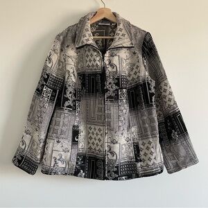 Susan Graver Black White Patchwork Artsy Zip Front Collared Jacket Women’s 18W